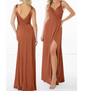 Azazie Satin Maxi Dress Formal Gown Prom Bridesmaid 2Side Pockets Rust Red Size8